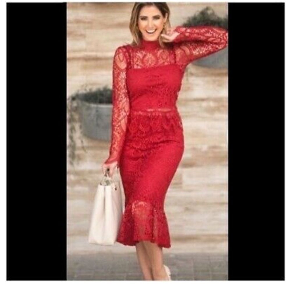 Zara Red Lace Trumpet Midi Skirt Size Medium - Picture 7 of 10